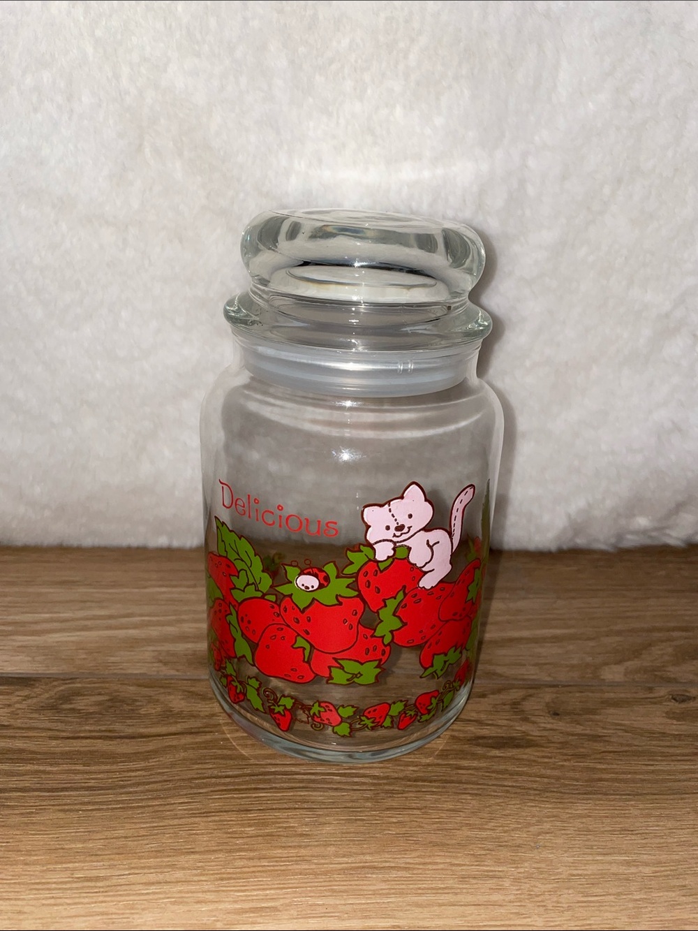 Vintage American Greetings Strawberry Shortcake Glass Canister Jar with Lid 7”